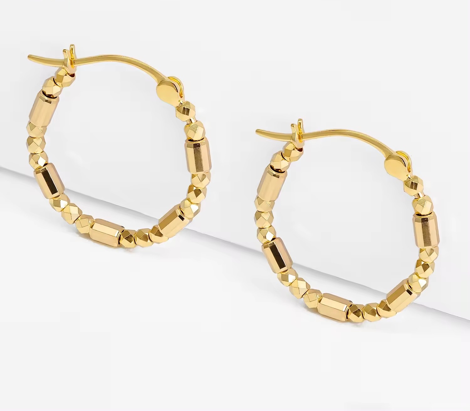 18k Geometric Square Bead Hoops